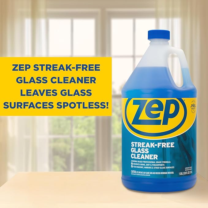 Zep Streak-Free Glass Cleaner - 1 Gallon (Case of 4) ZU1120128 - Professional Grade Formula that Cleans Dirt, Fingerprints, Grime, Smoke Haze, and Toothpaste on Windows, Mirrors, and Other Glass