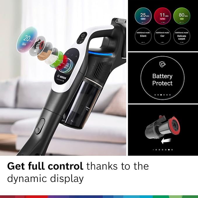 Bosch Unlimited 10 Cordless Stick Vacuum, Up to 80-Min Runtime, 90° Flex Tube, MicroClean Brush, >99.9% Dust Pick-up, HEPA Filter, Pet Hair, Carpets & Hard Floors, 3 Accessories, White