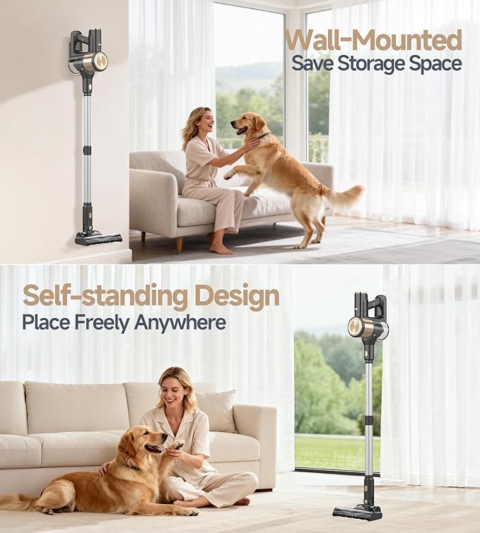 N17 Cordless Vacuum Cleaner, Upgraded Lightweight Stick Vacuum for Home, 45mins Runtime, Powerful Suction, Self-Standing, Anti-tangle, Rechargeable Vacuum for Hard Floor Carpets Pet Hair (Gold)