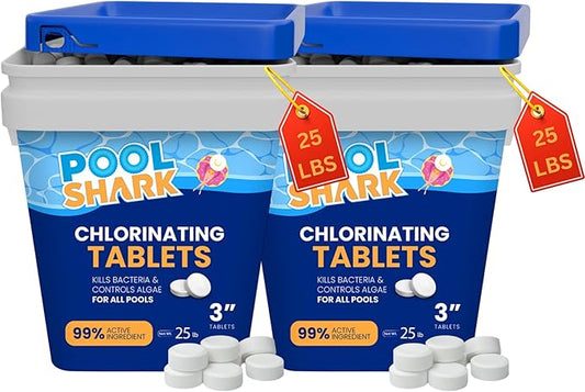 Pool Shark Swimming Pool Chlorine Tablets 2x25 lbs Total of 50 Lbs 3-Inch Chlorine Tablets Slow-Dissolving 90% Active Chlorine Tabs Pool Chemicals for Inground Pools, Above Ground Pools Saltwater