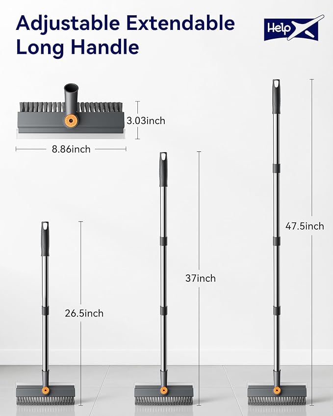 Small Floor Scrub Brush with Length Adjustable Long Handle, 3 in 1 Heavy-Duty Stiff Bristle Scrubber Brush with Squeegee and Tweezer for Cleaning Bathroom, Tile, Deck, Patio, Garage and Kitchen