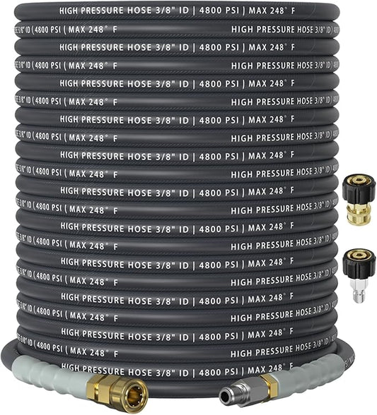 3/8" 4800PSI Pressure Washer Hose 100FT with 360° Swivel Quick Connect, Flexible & Kink Resistant Steel Wire Braided & Durable for Hot/Cold Water, High Power Washer Hose With M22 14mm Adapter