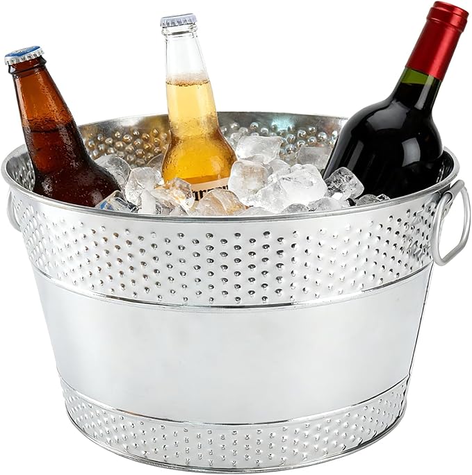 Galvanized Tub Ice Bucket for Parties, Thick Metal Galvanized Drink Buckets, Beverage Bucket with Handles, Drink Bucket for Indoor & Outdoor Party (Sliver,1Pcs)