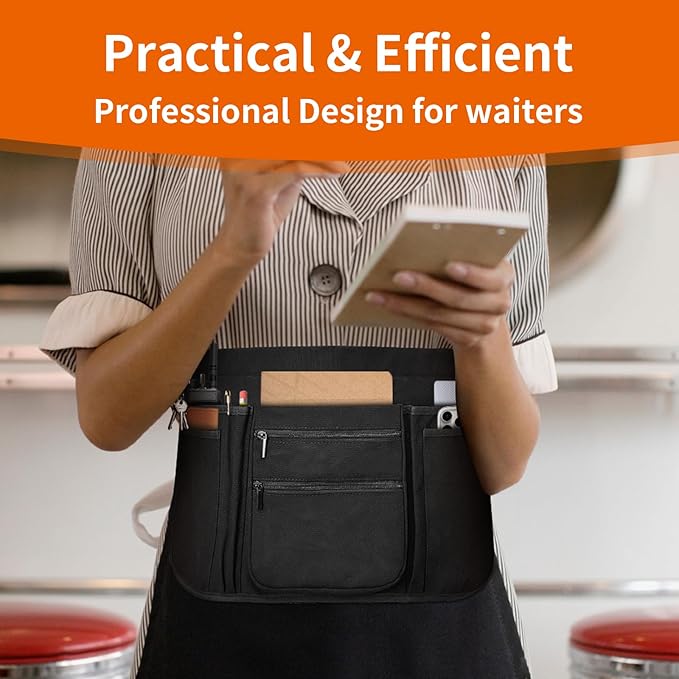 Professional Cleaning Apron with 7 Pockets and Adjustable Waist Belt, Bartender, Chef, Waiter - Women & Men, Restaurants, Cafes, Bars, Black