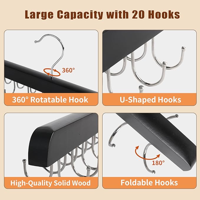 Bra Hanger for Closet Organizer, Wooden Tank Top Hangers with 20 Foldable Hooks, 360° Rotating Design, Space Saving Storage for Tank Tops, Bras, Scarves, Belts, Ties etc (2, Black)
