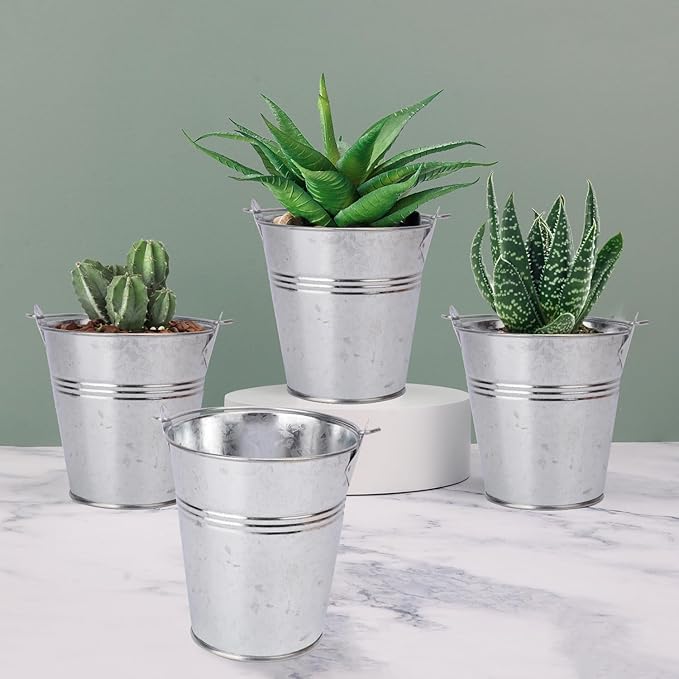 18 Pack 4" Mini Metal Bucket, Elegant Galvanized Buckets with Handles, Tin Buckets, Small Iron Bucket, Mini Metal Pail for Party Favors, Crafts, Garden & Beach
