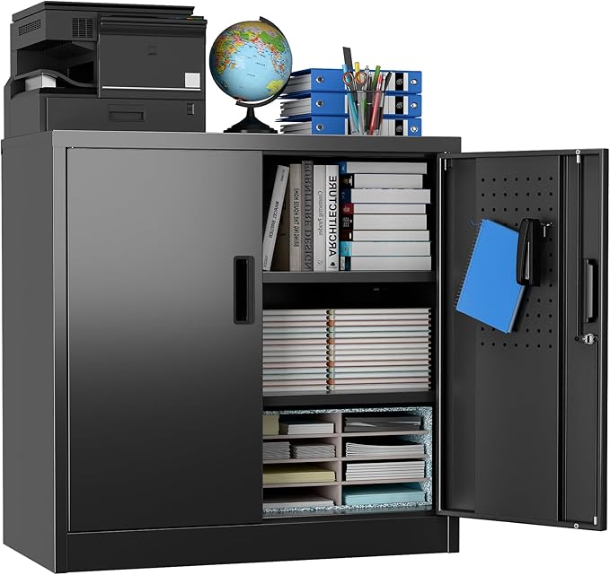 SUXXAN Metal Storage Cabinet with Pegboard 31.5”H×31.5”W×16.5”D, Lockable Rolling Steel Storage Cabinet with 2 Adjustable Shelves and Door for Garage, Office, Kitchen, Assembly Required(Black)