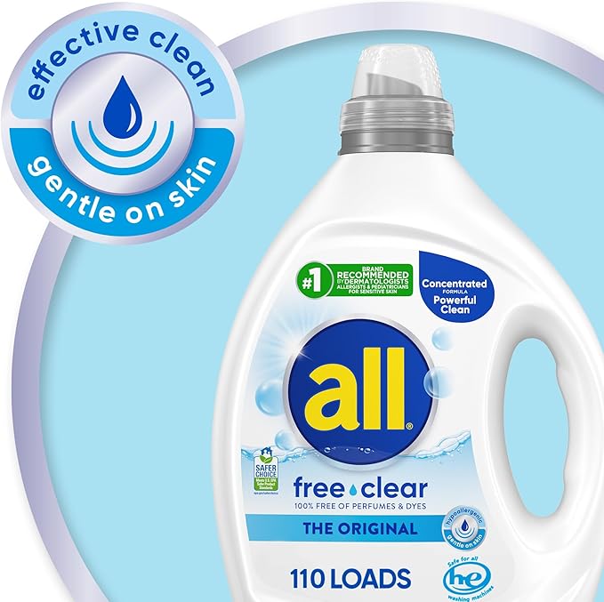 all free clear, Original, Liquid Laundry Detergent for Sensitive Skin, Unscented and Hypoallergenic, Concentrated, 82.5oz, 110 Loads