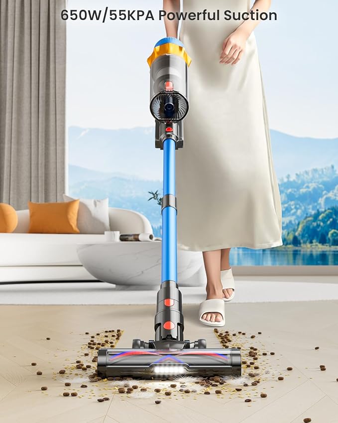 Cordless Vacuum Cleaner, 650W 55KPA 70Mins Vacuum Cleaners for Home, Self-Standing Cordless Stick Vacuum with Anti-Tangle, Lightweight Wireless Vacuum for Hardwood Floor/Carpet/Pet Hair