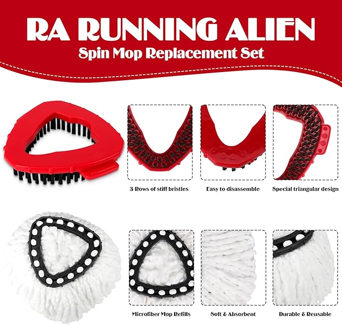 3 Pack Spin Mop Replacement Head for O-Ceda EasyWring 1-Tank System, 3 Microfiber Spin Mops Refills,1 Scrubber Head,1 Triangle Spin Base,Deep Clean,Machine Washable and Easy to Replace