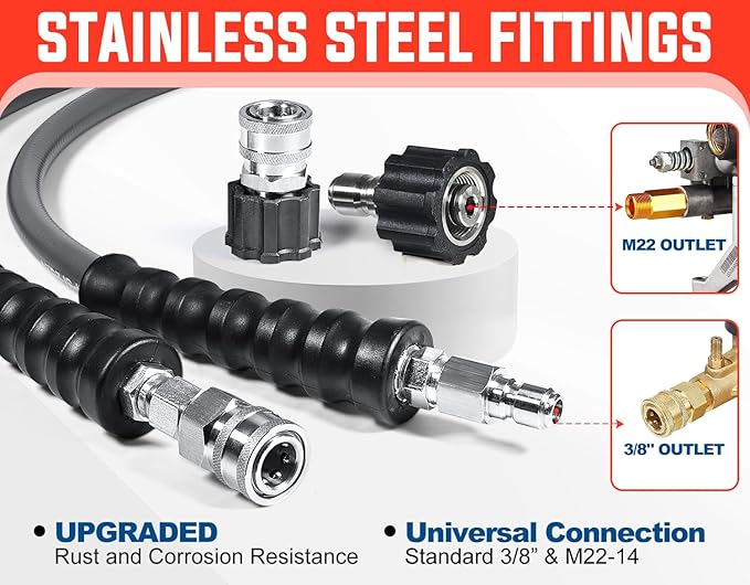 YAMATIC 3/8" Pressure Washer Hose 100FT with Stainless Steel Swivel 3/8" Quick Connect, 4200 PSI Non Marking Rubber Wear Resistant Steel Braided Industry Grade for Hot/Cold Water Gas Power Washer