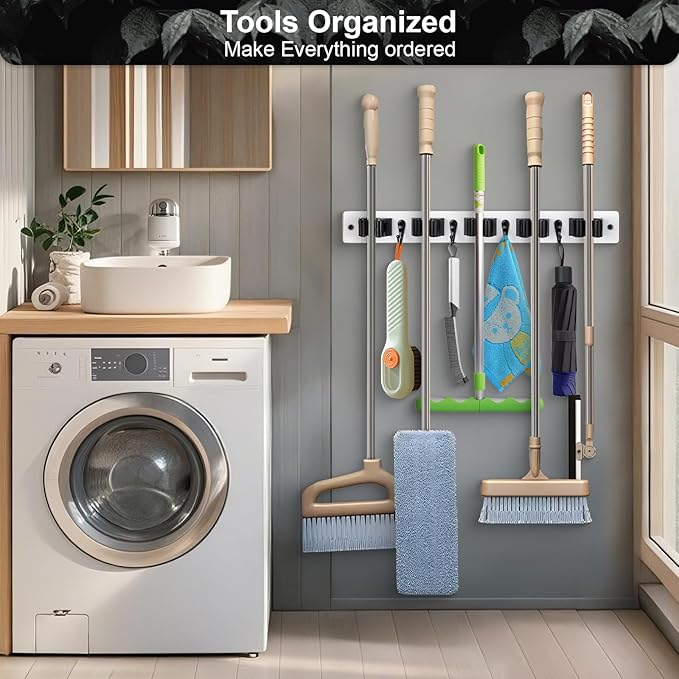 2 Pack Broom Holder Wall Mount With 5 Slots & 4 Hooks，Rustic Wood Broom & Mop Hanger，Wall Mounted Garden & Garage Tool Storage Organizer Rack for Closet Laundry Room or Kitchen Wall Decor White