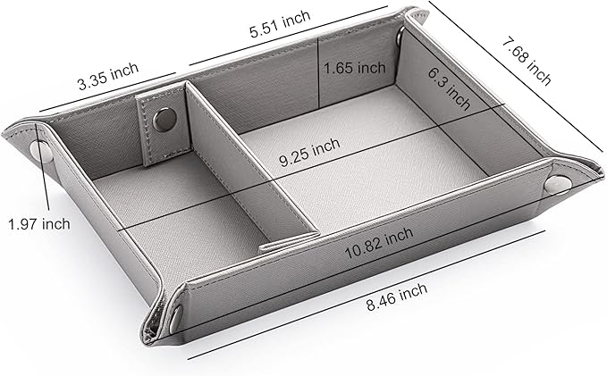 BONNY DODO Valet Tray for Men PU Leather Tray Organizer with Partition, Storage Keys, Watch & Practical Storage for Table Nightstand Living Room Bedroom (Gray)