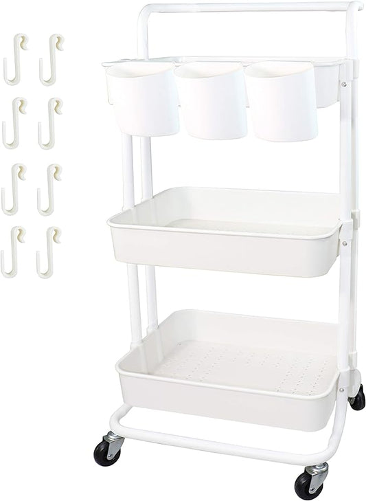 3 Tier Utility Rolling Cart Multifunction Organizer Shelf Storage Cart with 3 Pieces Cups and 8 Pieces Hooks for Home Kitchen Bathroom Laundry Room Office Store etc. (White)