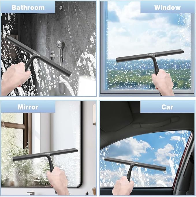 Household Squeegee for Shower Glass Doors, Silicone Shower Squeegee with Adhesive Hook, Bathroom Squeegee for Shower, Window Cleaner Tool for Glass Door, Kitchen, Tile Wall(10 inch-Black)