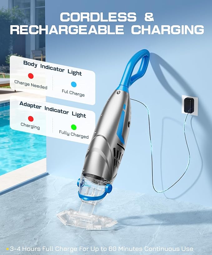 UIRWAY Cordless Pool Vacuum for Above Ground Pools, Upgraded 26.5 GPM Powerful Suction, IPX8 Handheld Rechargeable Pool Cleaner 2 Vacuum Heads & 4 Filter Bags, 1H Runtime, Portable for Inground Pools