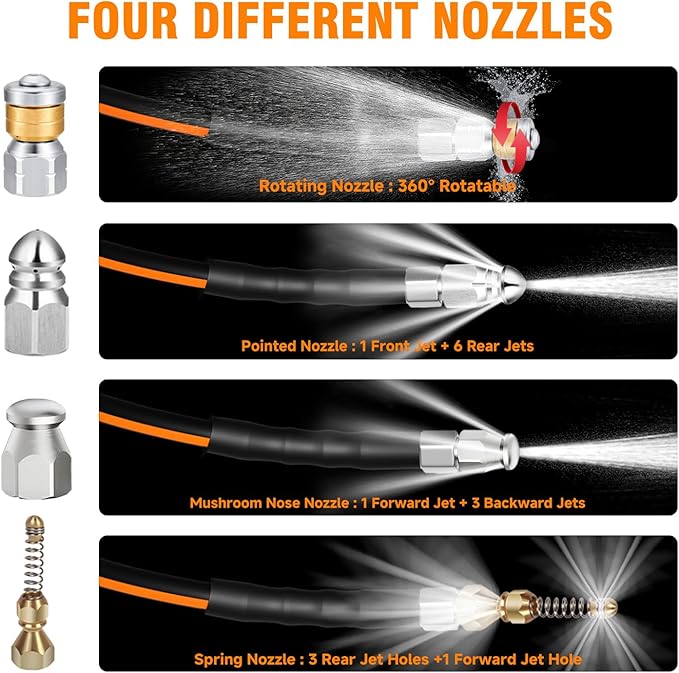 200FT Sewer Jetter Kit for Pressure Washer, 1/4" NPT Corner Drain Cleaner Hose 5800 PSI with Sewer Jetting Nozzles, Pearl Corsage Pin, Waterproof Tape, Extension Cord Organizer&2 Spanner