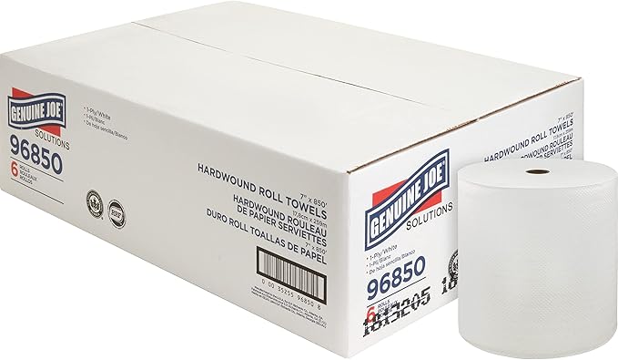 Genuine Joe Hardwound Roll Towels, White, 7" x 850', 6 Count