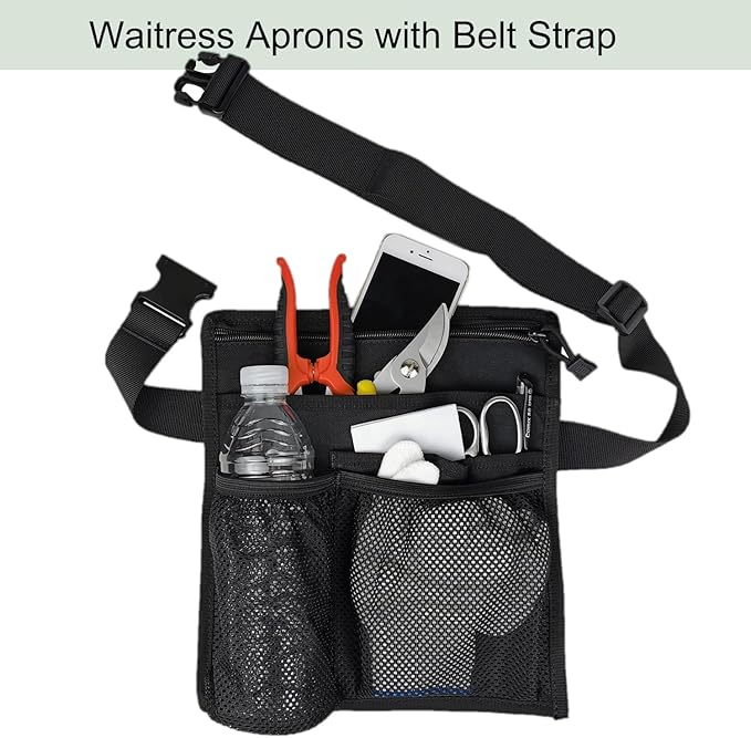 Sever Aprons Waitress Apron with Pockets Tool Belt for Women Money Pouch Waitresses Artist Work Half Tool Cleaning Apron Organizer Nurse Fanny Pack Black Shoulder Strap and Adjustable Belt
