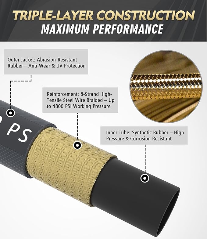 3/8" 4800PSI Pressure Washer Hose 150FT with 360° Swivel Quick Connect, Flexible & Kink Resistant Steel Wire Braided & Durable for Hot/Cold Water, High Power Washer Hose With M22 14mm Adapter