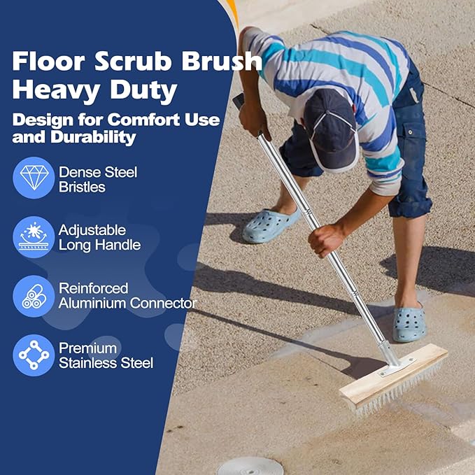 Floor Scrub Brush, Deck Brushes for Scrubbing Heavy Duty, Concrete Scrubber Outdoor Broom, Metal Wire Pool Brush Stainless Steel, Garage Patio Gunite Tile Algae Moss Cleaning Tool Long Handle