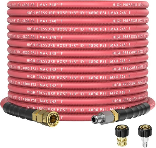 3/8" 4800PSI Pressure Washer Hose 50FT with 360° Swivel Quick Connect, Flexible & Kink Resistant Steel Wire Braided & Durable for Hot/Cold Water, High Power Washer Hose With M22 14mm Adapter
