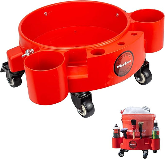 Maxshine Universal Rolling Bucket Dolly (Red) – Heavy-Duty Detailing Bucket Cart with 5 Wheels & 2 Locking Casters – Mobile Organizer for Compounds, Brushes & Car Wash Supplies