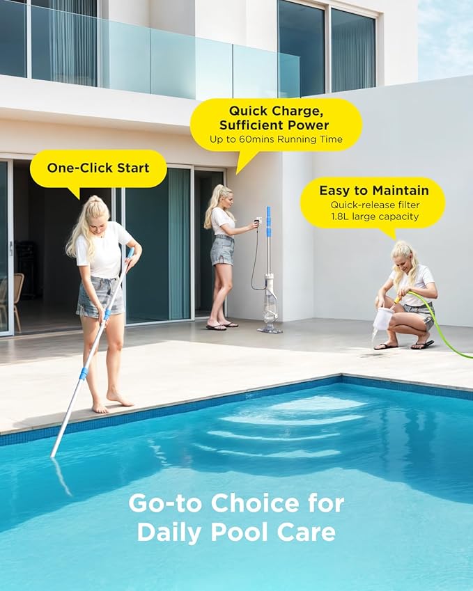 InoKraft Pool Vacuum for Above Ground Pool, Cordless Handheld Pool Vacuum for Inground Pools, Rechargeable Pool Cleaner with Powerful Suction up to 18.5 gallons/min, Ideal for Leaves, Debris, Yellow