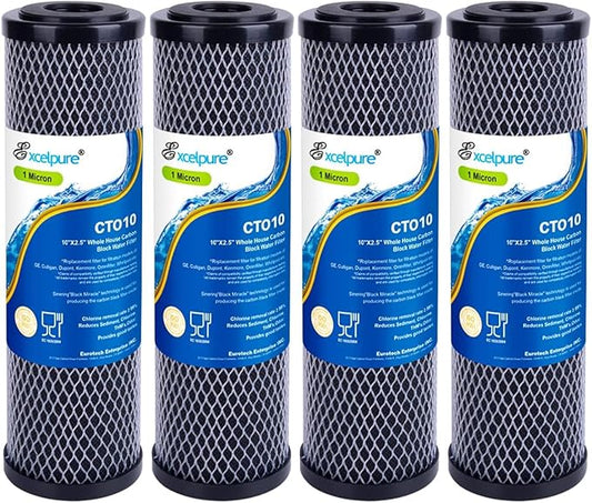 EXCELPURE 1 Micron 10" x 2.5" Whole House CTO Carbon Water Filter Cartridge Replacement for Home Countertop System, Dupont WFPFC8002, WFPFC9001, FXWTC, SCWH-5, WHEF-WHWC, WHCF-WHWC, CTO10, T01, 4PACK