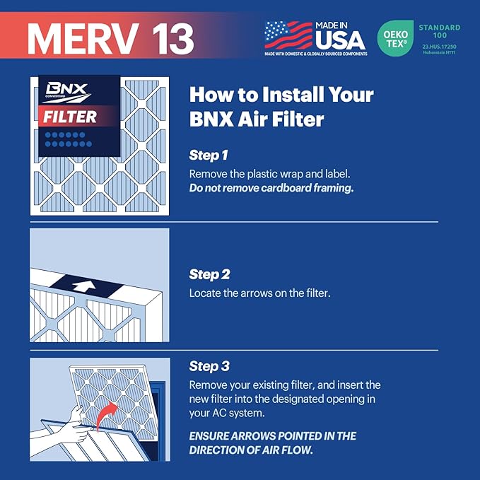 BNX TruFilter 20x22x1 Air Filter MERV 13 (12-Pack) - MADE IN USA - Electrostatic Pleated Air Conditioner HVAC AC Furnace Filters for Allergies, Pollen, Mold, Bacteria, Smoke, Allergen, MPR 1900 FPR 10