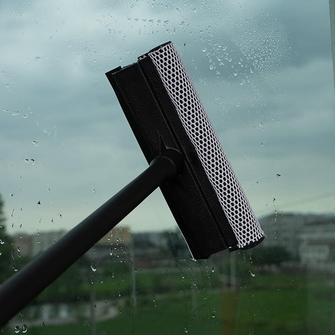 Matthew All Purpose Window Squeegee w/Premium Microfiber Cloth,Car Squeegee Windshield Cleaning Sponge and Rubber Squeegee,2-in-1 Window Cleaner Sponge(8'') and Soft Rubber with Pole 20''(1Pack)