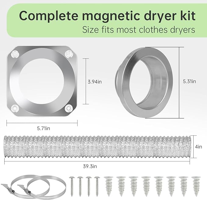 DVC-180 Magnetic Dryer Vent Coupling Connector Kit Easy to Clean Dryer Vent Hose Quick Connector Including a 3.3ft 4" Duct & 2 Clamps