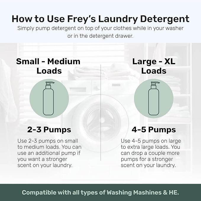 FREY Concentrated Liquid Laundry Detergent | Formulated for Sensitive Skin & HE Washers | Removes Stains Effectively | 50 Loads per Bottle (Cedar Grove & Bergamot Beach)