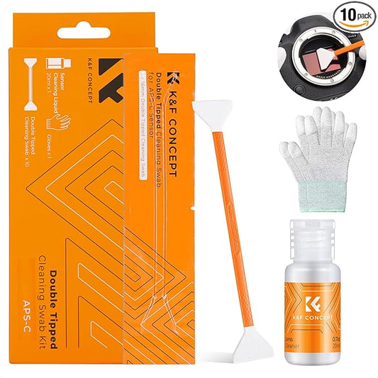 K&F Concept APS-C Sensor Cleaning Kit, Digital Camera Lens Cleaner - 20ml Cleaner, Gloves & 10 X 16mm Double-Tipped Swabs for APS-C Type CMOS & CCD Sensors