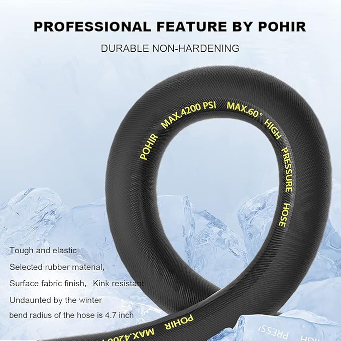 POHIR Power Washer Hose 25FT x 1/4 Inch with 3/8" Quick Connector, High Tensile Wire Braided Heavy Duty Kink Resistant High Pressure Hose 4200PSI, 2 Pcs M22 to 3/8 Adapters Set Accessories