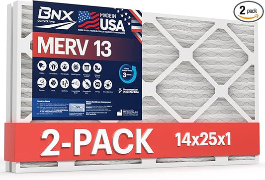 BNX TruFilter 14x25x1 MERV 13 (2-Pack) AC Furnace Air Filter - MADE IN USA - Electrostatic Pleated Air Conditioner HVAC AC Furnace Filters - Removes Pollen, Mold, Bacteria, Smoke