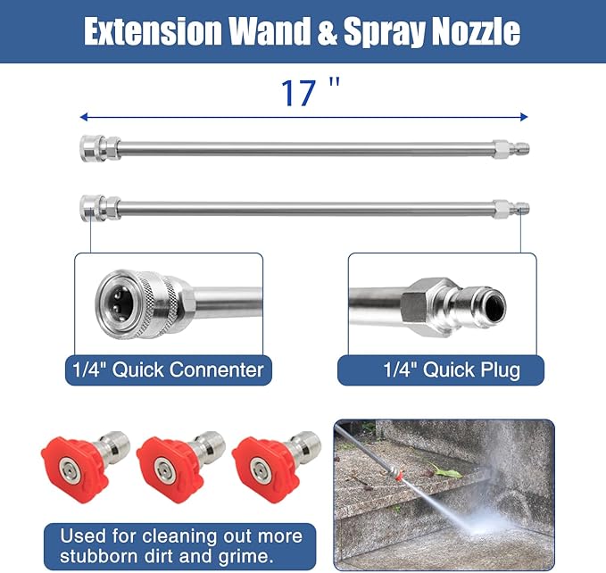 JANZ 18" Pressure Washer Surface Cleaner with 4 Wheels,1/4" Quick Plug,Stainless Steel Housing,2 Extension Wand Attachments, 3 Spray Nozzles and 2 Replacement Nozzles, 4000 PSI