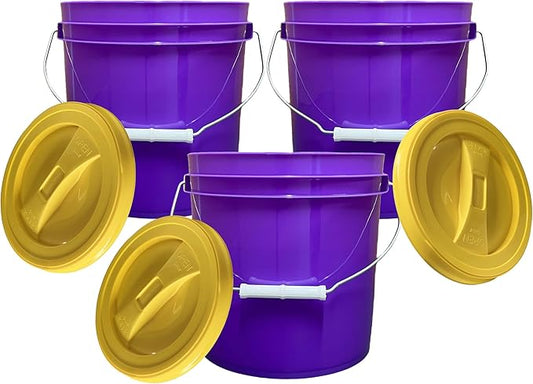 House Naturals 2 Gallon Purple Food Grade BPA Free Made in USA Bucket with Screw On Lid - Pack of 3 (Yellow lids)