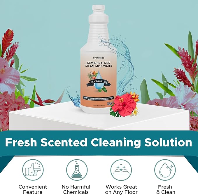 Steam & Go Demineralized Water for Steam Cleaner - PVC-Free Floor Cleaning Solution Compatible for All Steam Mops - Multi-Surface Cleaner for Home Surfaces - Tropical Bloom Scent, 32 oz (Pack of 12)