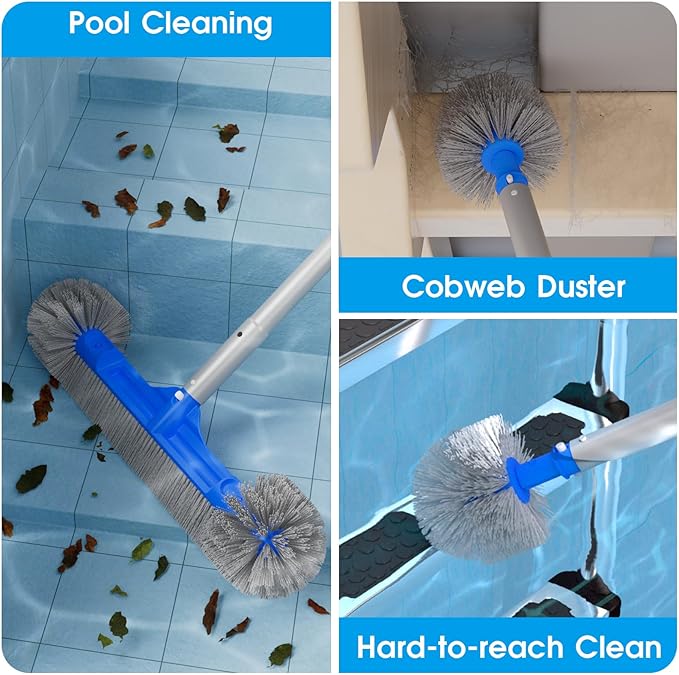 Pool Brush Set - 20’’ 2-in-1 Detachable Round Brush with Extra Side Brush for Cleaning Hard-to-Reach Corners, 9 FT Aluminum Extended Pool Pole with Hidden Hook Retriever