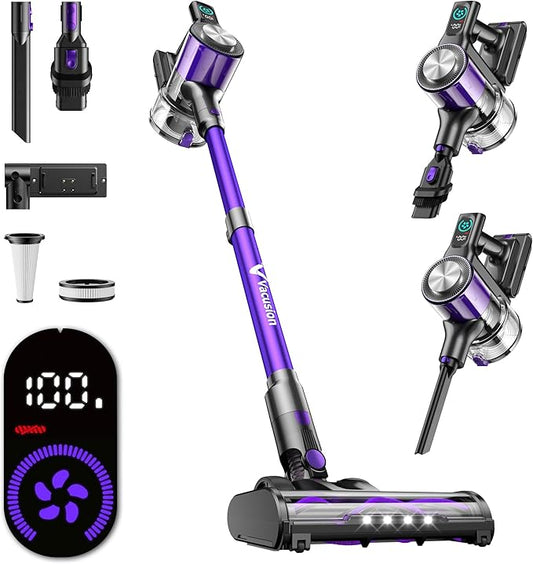 Cordless Vacuum Cleaner, 8-in-1 Cordless Stick Vacuum Cleaner with 3 Suction Modes, Up to 45mins Runtime, Rechargeable, Self-Standing, Vacuum Cleaners for Home Pet Hair Carpet Car Hard Floor, Purple