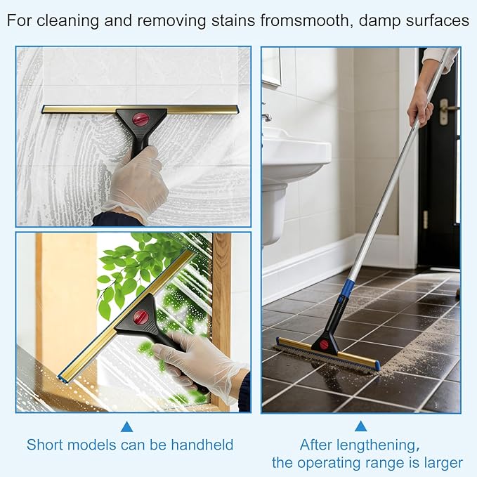 2 in 1 Window Squeegee & Squeegee Broom, 13.78" Heavy Duty Floor Squeegee Mop with 59" Extension Pole & 2 Scrubbers, Industrial Tile Floor Squeegee for Shower Glass Door Car Windshield