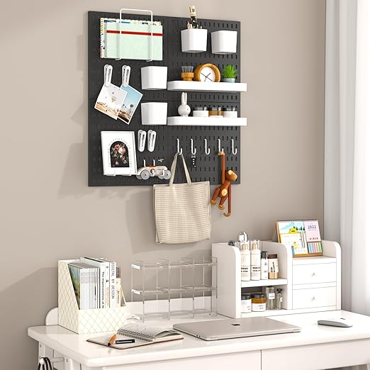 Peg Board Combination Kit, 8 Pegboards with 40 Accessories, Pegboard Wall Organizer for Office, Nursery & Home Storage, Key Holder, 51.2"x25.6" – Nail-Free Installation（Black）