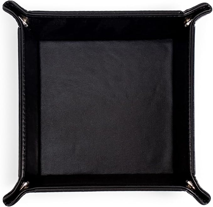 Valet Tray for Men PU Leather Tray Organizer with Partition, Storage Keys, Watch & Practical Storage for Table Nightstand Living Room Bedroom (Black-Square)