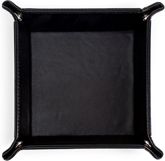 Valet Tray for Men PU Leather Tray Organizer with Partition, Storage Keys, Watch & Practical Storage for Table Nightstand Living Room Bedroom (Black-Square)