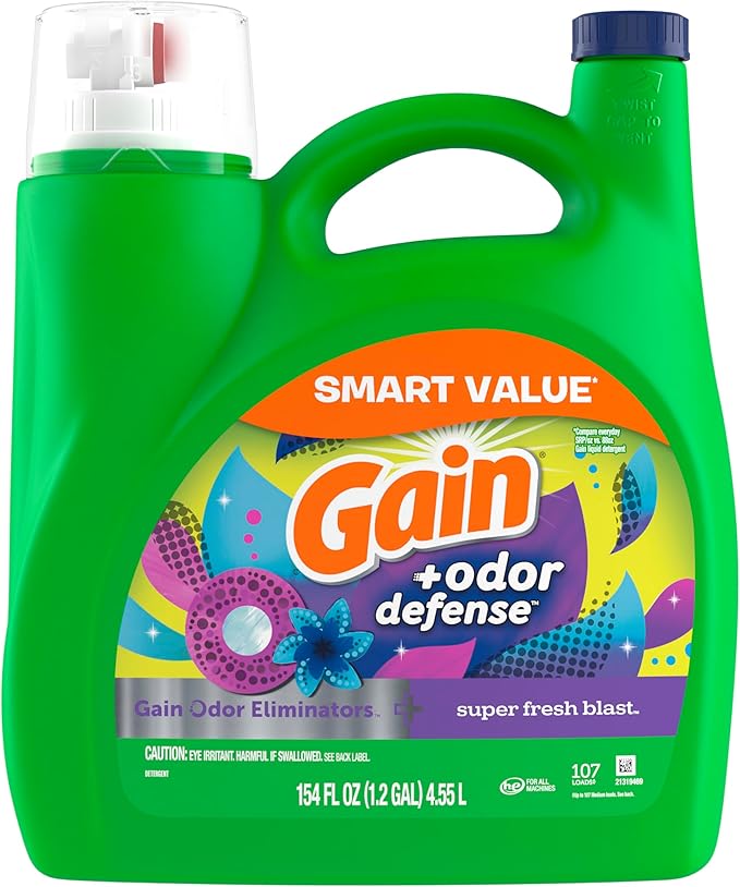 Gain + Odor Defense Liquid Laundry Detergent, Super Fresh Blast Scent, 107 Loads, HE Compatible Washing Soap