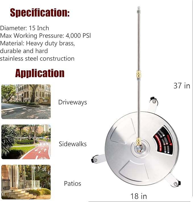 Biswing 15" Pressure Washer Stainless Steel Surface Cleaner with 3 Wheels & 1/4" Quick Connector, Power Washer Attachment with 2 Extension Wand, 2 Replacement Nozzles, 4000 PSI