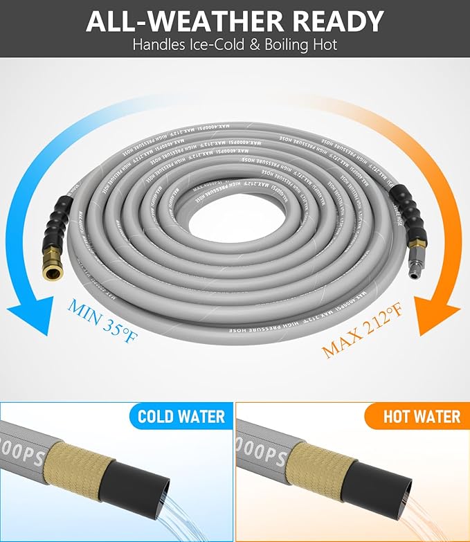 Pressure Washer Hose 150FT 4000 PSI, Kink Resistant Steel Braided Layer & NonMarking Rubber for Hot/Cold Water, High Power Washer Hose With 3/8 Inch Quick Connect & M22 Fitting, Gray