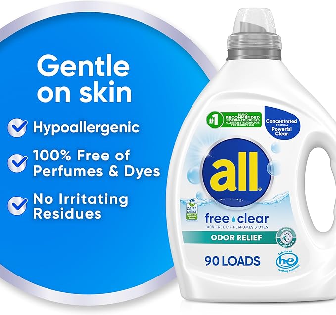 all Laundry Detergent Liquid, Free Clear for Sensitive Skin, Odor Relief, Unscented and Hypoallergenic, 2X Concentrated, 90 Loads