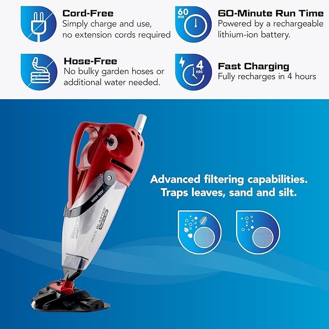 POOL BLASTER Pulse XL 350 Cordless Pool Vacuum, up to 60 Min Runtime, XL Capacity, for Above Ground & Inground Pool, Automatic On/Off Water Sensor, Premium Swimming Pool Cleaner, Handheld Rechargeable
